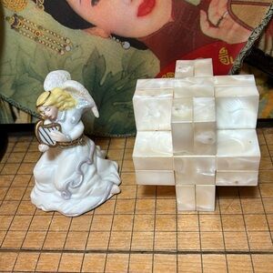 Mother of Pearl White Iridescent Shell 3D Cross, Angel W/ Harp Trinket Box Combo